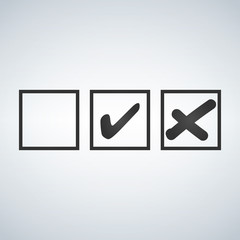 Tick and cross test signs set, check marks graphic design. Accept or decline symbol vector buttons for vote, election choice, web. Black symbolic OK checkmark, X icon