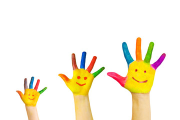 Happy family concept. Three hands of father, mother and child.