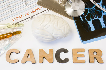 Brain cancer concept. Anatomical shape of brain lies near word cancer surrounded by set of tests,...