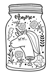 Dead unicorn head in the jar illustration for adult coloring.