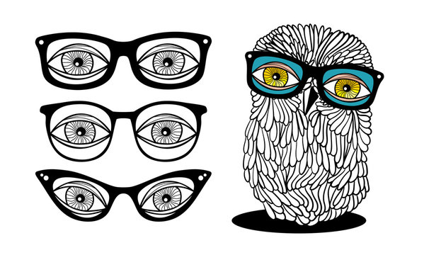 Collection of retro glasses and cute owl.