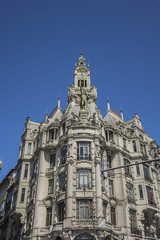 View of "A Nacional" building – old Building of Insurance Company at the Liberty Square (Avenida dos Aliados). Porto, Portugal.