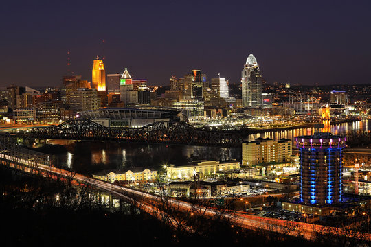 View of the Cincinnati skyline after dark