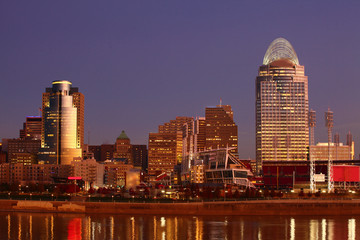 Cincinnati city center at twilight with reflections