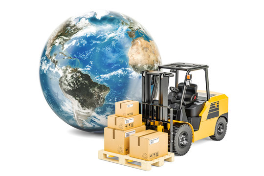 Earth Globe with forklift truck and parcels. Global shipping and delivery concept, 3D rendering