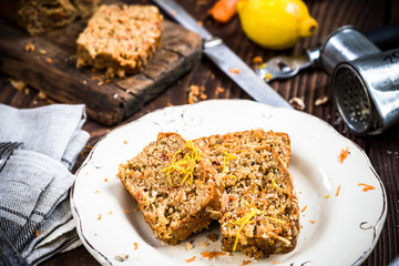 Slices of carrot cake served for Easter celebration.