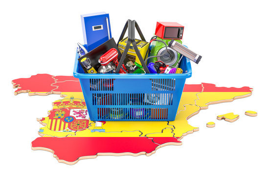 Map of Spain with shopping basket full of home and kitchen appliances, 3D rendering