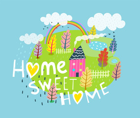 Rural landscape with house home slogan. Vector illustration. 