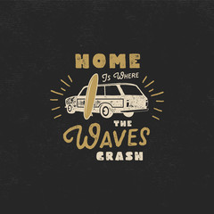 Summer label with retro surf car, surfboard and typography elements. Vintage beach style for t-shirts, emblems, mugs, apparel design, clothing and other identity. Stock isolated on dark