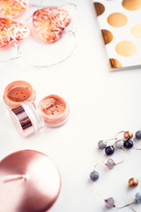 Woman beauty products flat lay on white background.