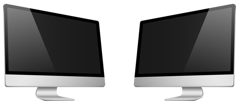 Realistic 3D Computer right and left view, with a black screen, isolated on a white background.
