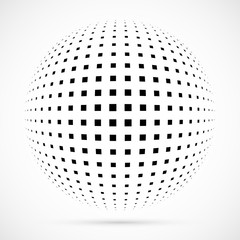 White 3D vector halftone sphere.Dotted spherical background.Logo template with shadow.Square dots isolated on the white background.