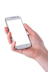 Mobile phone in woman hand on a white background