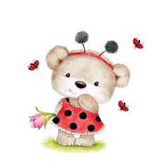Cute Teddy bear and ladybugs