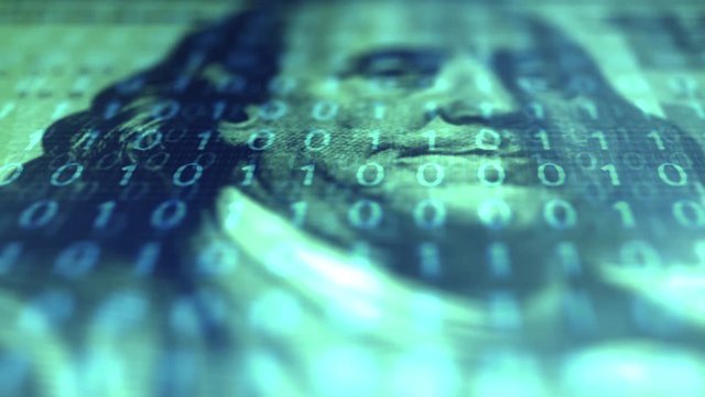 Hundred Dollar Bill Ben Franklin Close up - Cryptocurrency Binary Code Overlay