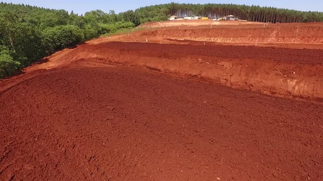 Aerial view of drone approach of earthworks at different levels.