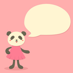 Furry Black White Textured Panda Girl cartoon with pink dress. Bubble speech talk greeting card vector illustration