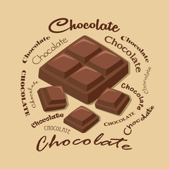 Chocolate Bar Block Pieces Surrounded by Chocolate Text isolated on Brown Background