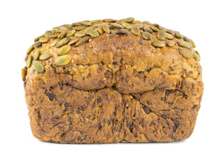A loaf of bread from wheat flour with sunflower, pumpkin, caraway, cereal and sesame seeds. Isolated.