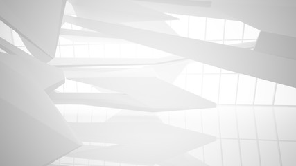 Abstract white interior multilevel public space with window. 3D illustration and rendering.
