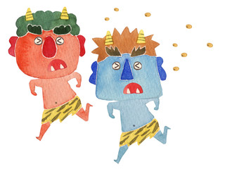 節分  鬼 豆まき　水彩 イラスト