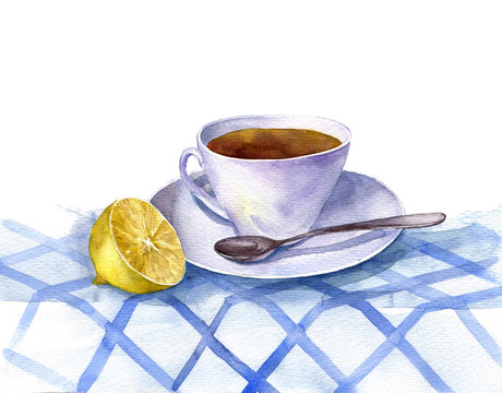 Watercolor Cup Of Tea With Lemon