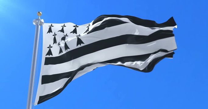 Brittany flag waving at wind in slow with blue sky, loop