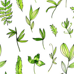 seamless pattern with green leaves and plants