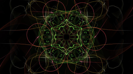 Abstract artwork. Colorful lines with particles on black background.