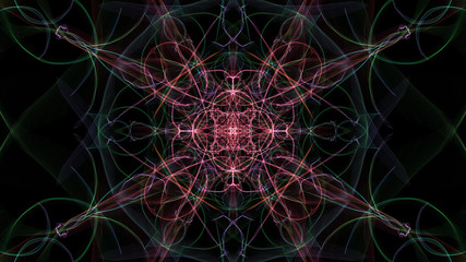 Abstract artwork. Colorful lines with particles on black background.