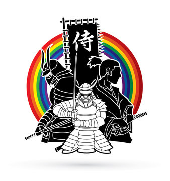 3 Samurai composition with flag Japanese font mean Samurai designed on line rainbows background graphic vector
