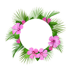 Palm leaves and pink flowers frame and round card