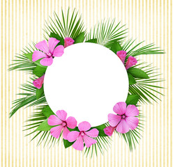 Palm leaves and pink flowers frame and round card