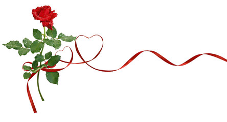 Red silk ribbon hearts and rose flower for Valentine's day