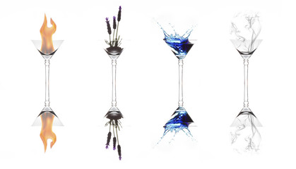 Four elements of fire, plant, water and air in martini glasses with perfect reflection