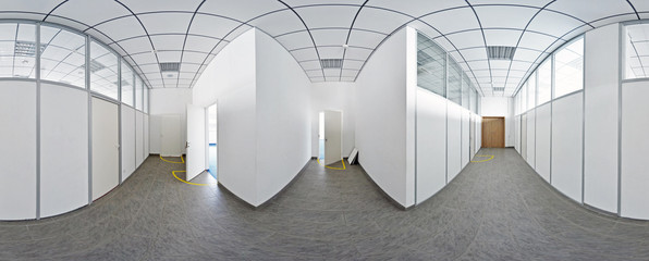 Spherical 360 degrees panorama projection, panorama in interior empty long corridor with doors and...