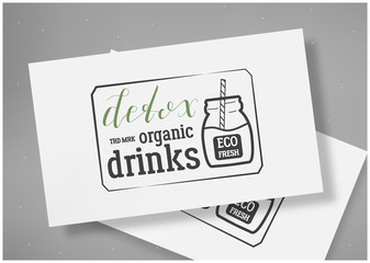 Badge Detox Organic Drinks with Hand Drawn Lettering on Business Card Template on Grey Background with Jar Icon. Green Logo Emblem Vector Illustration. Can be used for Logotype, Branding.