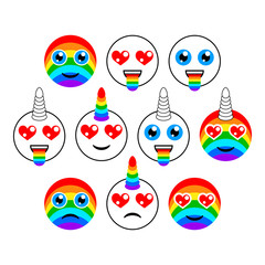 Unicorns, characters and emoticons of emoji. Smiles, pack of flat signs. Vector
