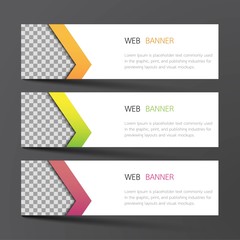Naklejka premium Web banner set design. Inspired by abstract, three color that green orange and purple on the gray background .Vector illustration.