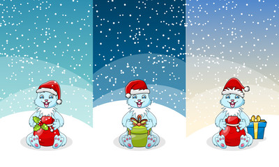 Christmas gift and toy banner set. Present boxes with bow and ribbon, santa bag with candy cane, plush bear and rabbit, snow globe, rocking horse and clown with bell.