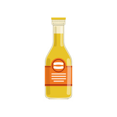 Fresh orange juice or lemonade in glass bottle with red brand label. Organic fruit beverage. Natural vegan nutrition. Flat vector design for promotional banner or flyer