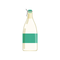 Drinking yogurt, kefir or milk in glass bottle with green sticker. Dairy beverage. Natural product. Flat vector design for business or promotional poster