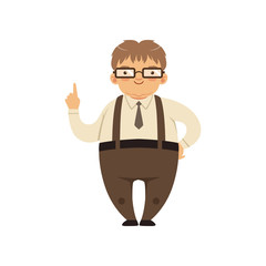 Fat smiling nerd standing with index finger up. Cartoon man character in glasses, shirt, tie, pants with suspenders. Smart person. Isolated flat vector design