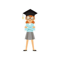 Nerd schoolgirl standing with arms crossed in student cap. Cartoon kid character in glasses, blue blouse and gray skirt. Confident smart person. Flat vector design
