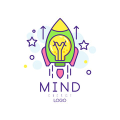 Modern line art with rocket, light bulb and stars. Mind energy icon. Innovation project and startup business. Colorful vector design for company logo or creative hub