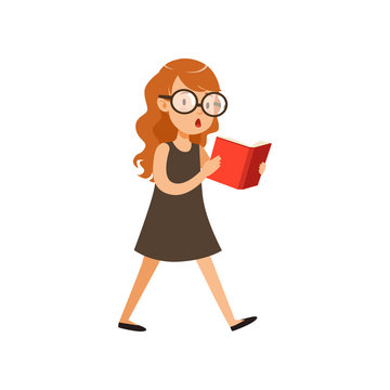 Cute nerd girl walking and reading book. Pupil with interested face expression in black dress and glassed. Cartoon character of smart kid. Flat vector design