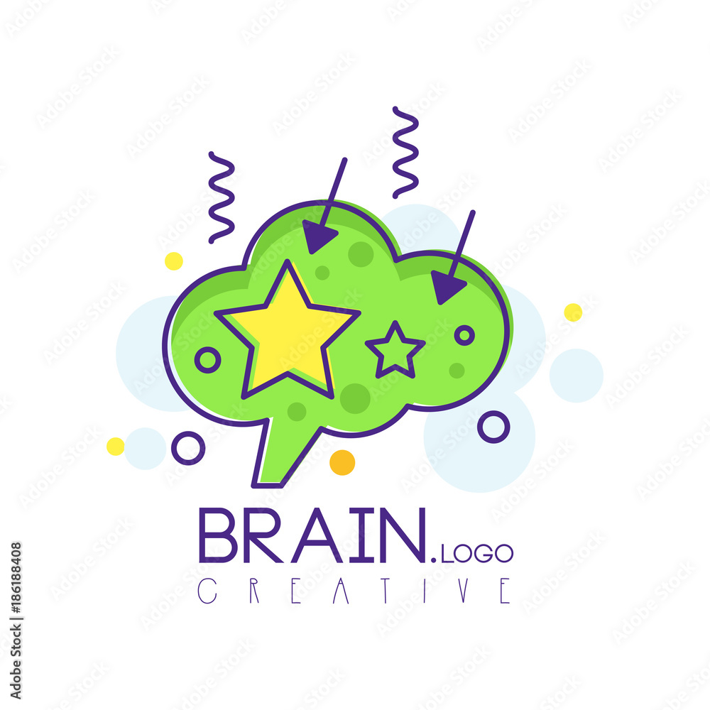 Poster brain logo in line style with green fill. intelligence symbol with creative mind. vector design for 