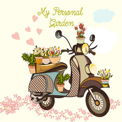 Cute fashion garden  illustration with bike, flowers and hearts