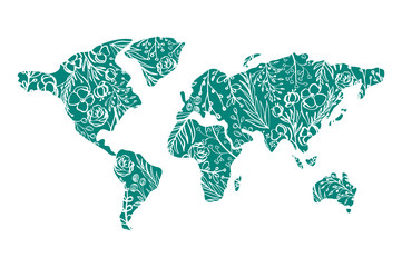 World map Hand drawn with flowers for Valentines Day. Vector flat illustration