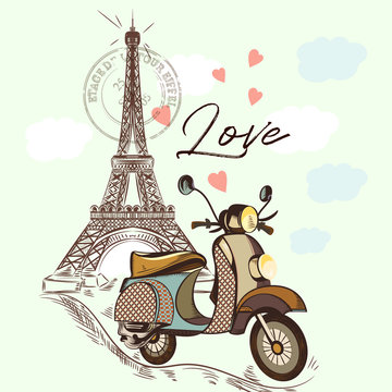 Cute fashion illustration with Eifel tower and bike